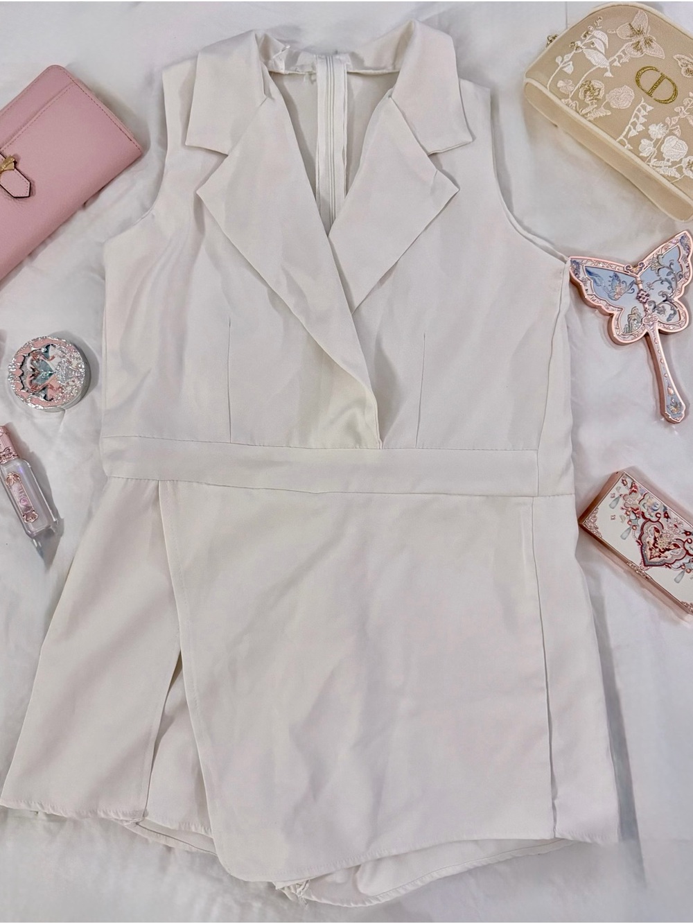 Chic White Sleeveless Blazer Romper Skort Tailored Lapel Playsuit
